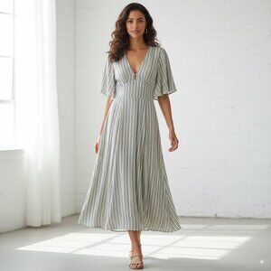 NWT Lusana Claudia Striped Midi Dress in Adele 100% Crepe Georgette